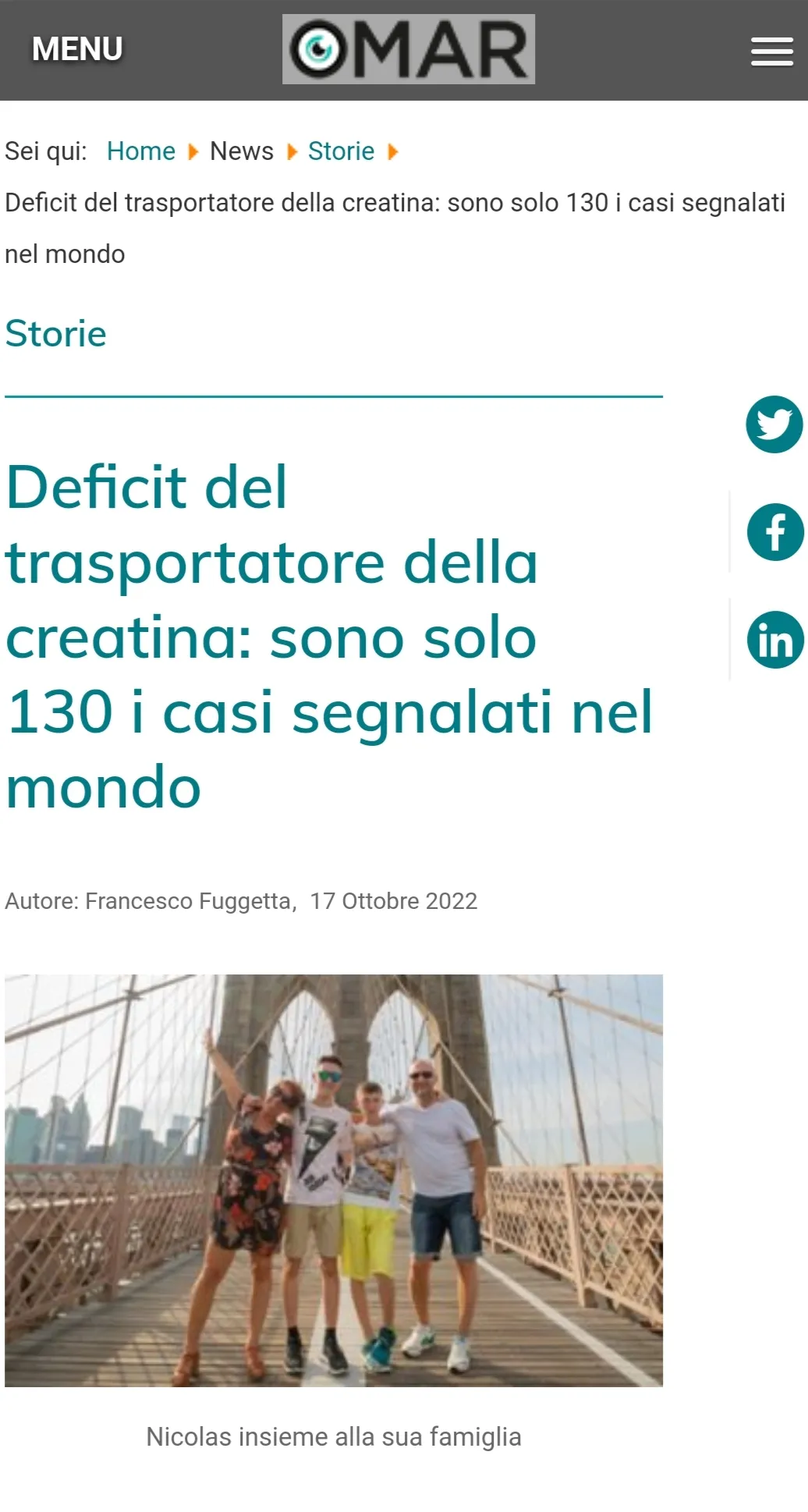 Articolo di Osservatorio Malattie Rare: «Deficit del trasportatore della creatina: sono solo 130 i casi segnalati nel mondo»