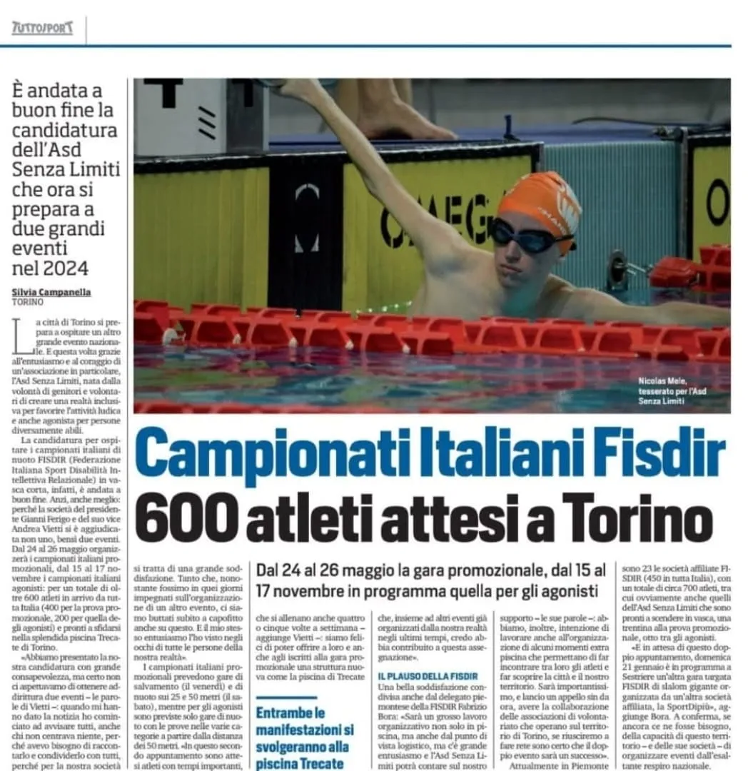 Articolo di giornale sui Campionati Italiani Fisdir di nuoto a Torino