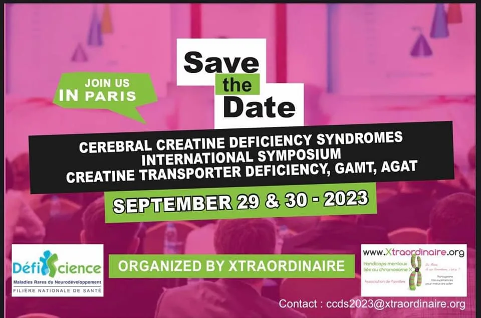 Locandina «Save the date»: simposio internazionale sulle sindromi da deficit di creatina, Parigi, 29 e 30 settembre 2023