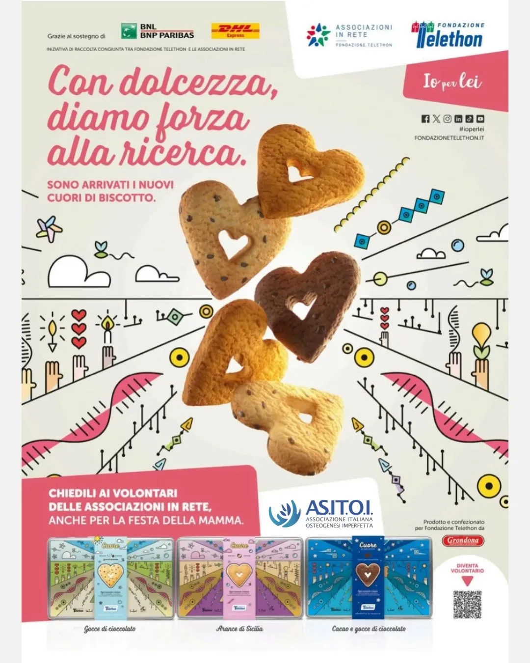 Locandina Telethon «Con dolcezza, diamo forza alla ricerca» con i cuori di biscotto