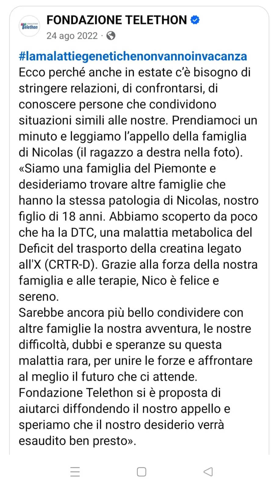 Post di Fondazione Telethon del 24 agosto 2022 con l’appello di una famiglia